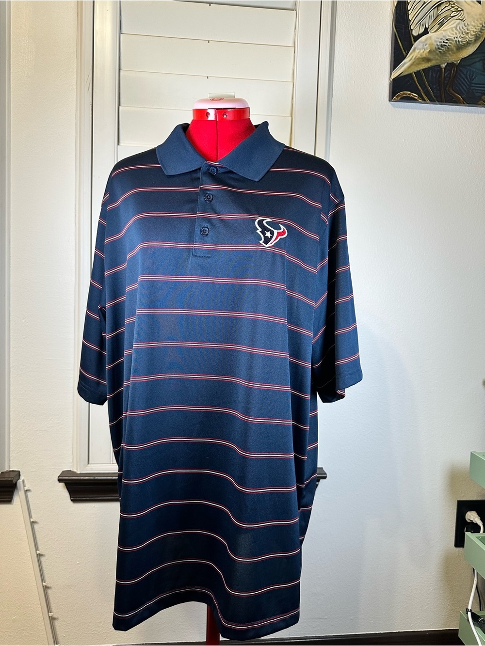 Antigua Navy Polo with Thin Red and White Stripes and Team Patch